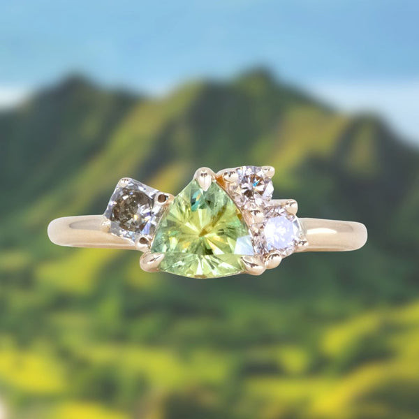 0.99ct Trillion Bright Green Montana Sapphire and Natural Diamond Mountainscape Ring in 14k Yellow Gold