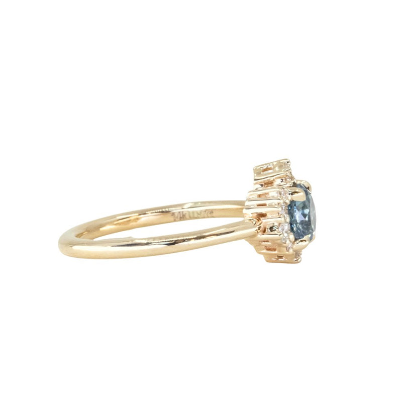 0.87ct Periwinkle Purple-Blue Round Montana Sapphire and Diamond Asymmetrical Cluster Ring in 14k Yellow Gold