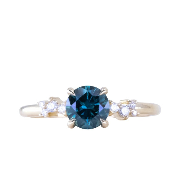 1.14ct Deep Teal Round Montana Sapphire and Diamond Starry Night Low Profile Solitaire in 14k Yellow Gold