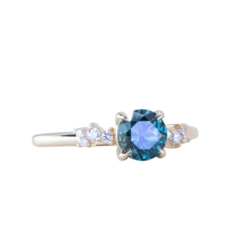 1.14ct Deep Teal Round Montana Sapphire and Diamond Starry Night Low Profile Solitaire in 14k Yellow Gold