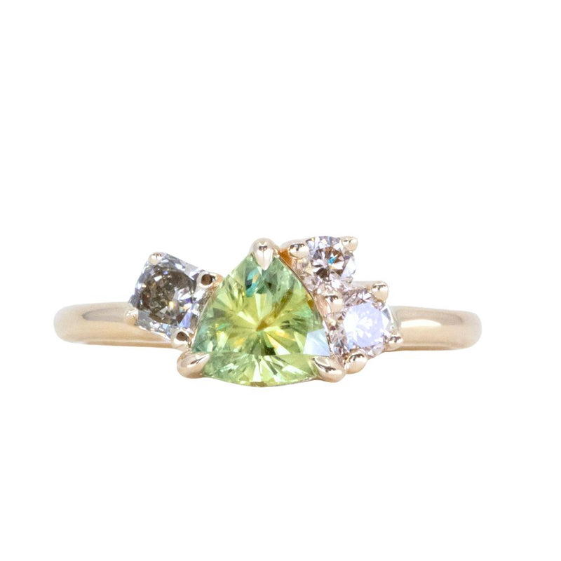 0.99ct Trillion Bright Green Montana Sapphire and Natural Diamond Mountainscape Ring in 14k Yellow Gold