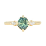 1.23ct Untreated Opalescent Nigerian Teal Speciality Fantasy Cut Sapphire and Kite Diamond Three Stone Compass Set Low Profile Ring in 14k Yellow Gold
