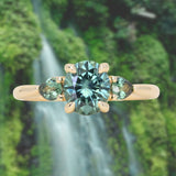 1.51ct Oval Teal Blue Precision Cut Montana Sapphire and Pear Sapphire Low Profile Three Stone Ring in 14k Yellow Gold