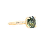3.13ct Untreated Parti Green Oval Madagascar Sapphire Evergreen 4 Prong Carved Stackable Solitaire in 14k Yellow Gold