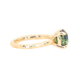 3.13ct Untreated Parti Green Oval Madagascar Sapphire Evergreen 4 Prong Carved Stackable Solitaire in 14k Yellow Gold