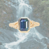 2.15ct Emerald Cut Madagascar Sapphire Wandering Vine Low Profile Bezel Split Shank Ring in 14k Yellow Gold