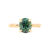 3.13ct Untreated Parti Green Oval Madagascar Sapphire Evergreen 4 Prong Carved Stackable Solitaire in 14k Yellow Gold