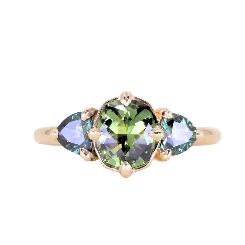 1.44ct Fancy Cushion Cut Australian Sapphire and Trillion Australian Sapphire Compass Set Low Profile Ring in 14k Yellow Gold