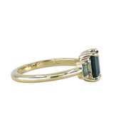 1.30ct Emerald Cut Madagascar Sapphire and  0.98ctw Montana Sapphire Three Stone Low Profile Ring in 18k Yellow Gold