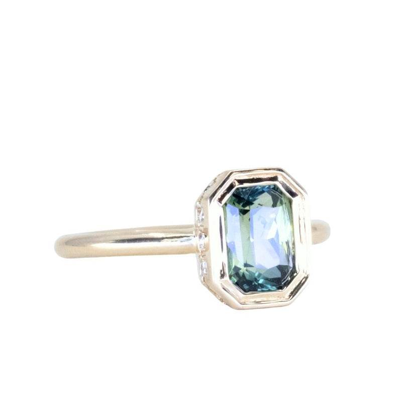 2.05ct Radiant Cut Green Sapphire Low Profile Bezel Hidden Diamond Halo Solitaire Ring in 14k Yellow Gold