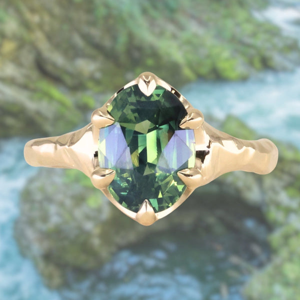 3.29ct Untreated Oval Parti Green Sapphire Low Profile 6 Prong Evergreen Carved Solitaire in 14k Yellow Gold