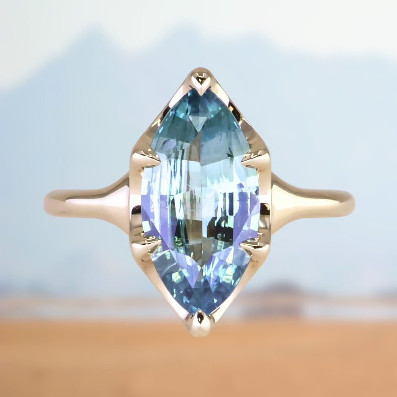 3.16ct Unheated Madagascar Marquise Sapphire Low Profile 6 Prong Solitaire in 14k Yellow Gold