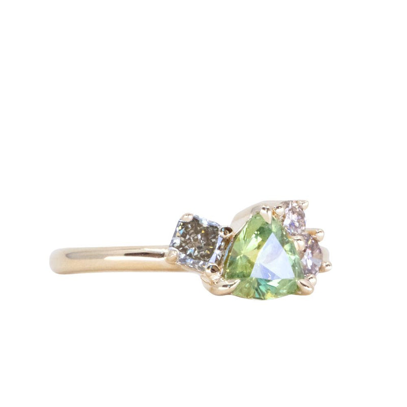 0.99ct Trillion Bright Green Montana Sapphire and Natural Diamond Mountainscape Ring in 14k Yellow Gold