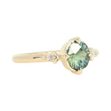 1.23ct Untreated Opalescent Nigerian Teal Speciality Fantasy Cut Sapphire and Kite Diamond Three Stone Compass Set Low Profile Ring in 14k Yellow Gold