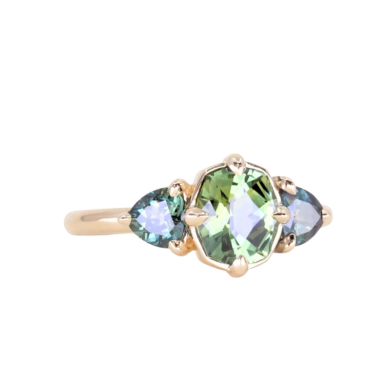 1.44ct Fancy Cushion Cut Australian Sapphire and Trillion Australian Sapphire Compass Set Low Profile Ring in 14k Yellow Gold