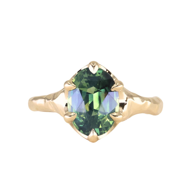 3.29ct Untreated Oval Parti Green Sapphire Low Profile 6 Prong Evergreen Carved Solitaire in 14k Yellow Gold
