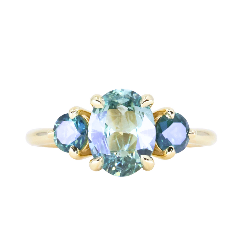 1.74ct Unheated Oval Montana Sapphire and Madagascar Sapphire Low Profile Three Stone Ring in 18k Yellow Gold