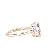 2.05ct Radiant Cut Green Sapphire Low Profile Bezel Hidden Diamond Halo Solitaire Ring in 14k Yellow Gold