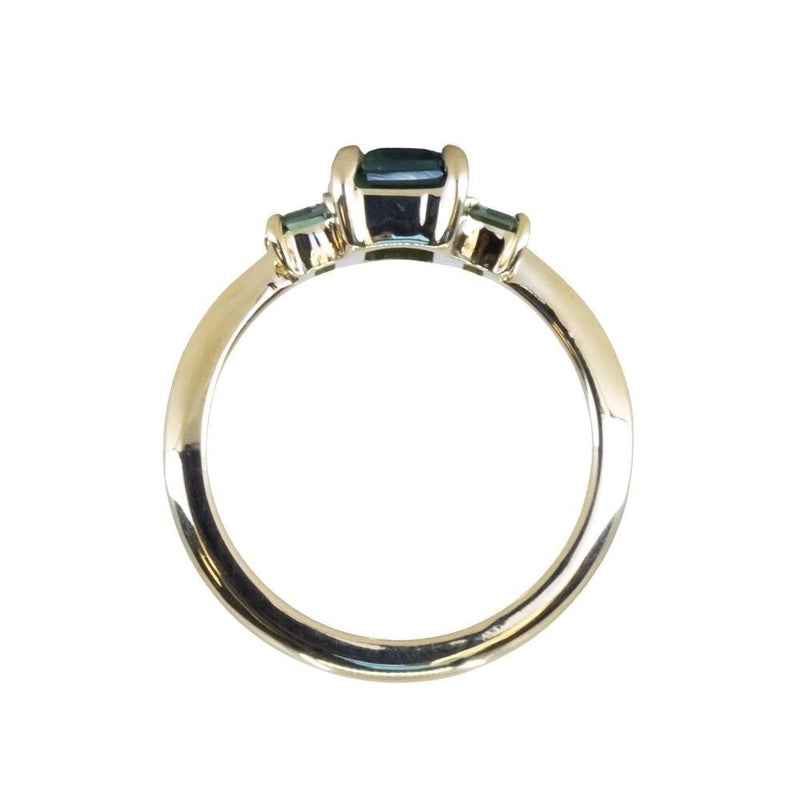 1.30ct Emerald Cut Madagascar Sapphire and  0.98ctw Montana Sapphire Three Stone Low Profile Ring in 18k Yellow Gold