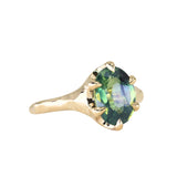 3.29ct Untreated Oval Parti Green Sapphire Low Profile 6 Prong Evergreen Carved Solitaire in 14k Yellow Gold