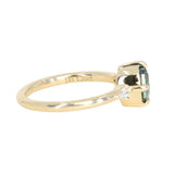 1.23ct Untreated Opalescent Nigerian Teal Speciality Fantasy Cut Sapphire and Kite Diamond Three Stone Compass Set Low Profile Ring in 14k Yellow Gold