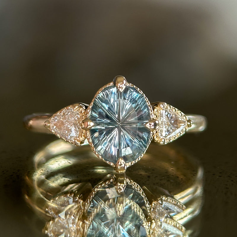 2.07ct Untreated Fantasy Cut Montana Sapphire and Diamond  Antique Milgrain Three Stone Low Profile Ring in 14k Yellow Gold