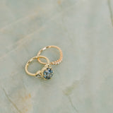 3.93ct Untreated Oval Teal Montana Sapphire and Trillion Australian Sapphire Three Stone Scallop Cup Antique Style with Milgrain Low Profile Ring in 18k Yellow Gold