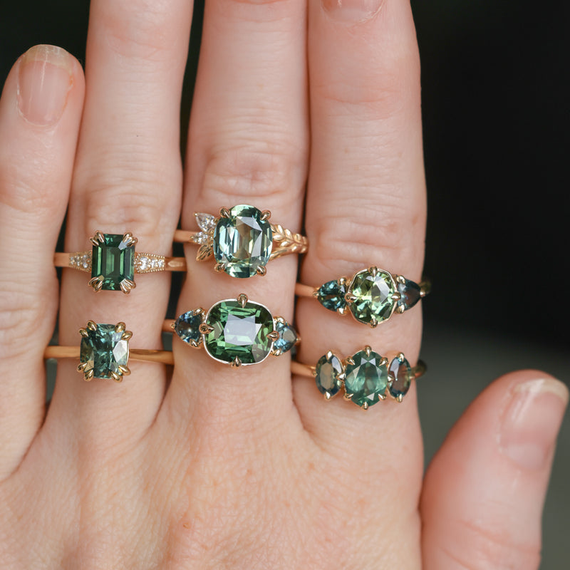 4.08ct Cushion Cut Green Madagascar Sapphire and Trillion Australian Sapphire Antique Compass Set Low Profile Ring in 14k Yellow Gold