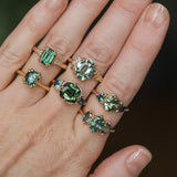 2.11ct Emerald Cut Teal Green Madagascar Sapphire and Diamond Vintage Cathedral Double Prong Ring in 14k Yellow Gold