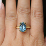 4.25ct Antique Style Elongated Cushion Untreated Montana Sapphire Vine Cathedral Four Prong Ring in 18k Yellow Gold