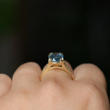 4.25ct Antique Style Elongated Cushion Untreated Montana Sapphire Vine Cathedral Four Prong Ring in 18k Yellow Gold