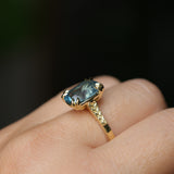 4.25ct Antique Style Elongated Cushion Untreated Montana Sapphire Vine Cathedral Four Prong Ring in 18k Yellow Gold