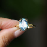 4.25ct Antique Style Elongated Cushion Untreated Montana Sapphire Vine Cathedral Four Prong Ring in 18k Yellow Gold