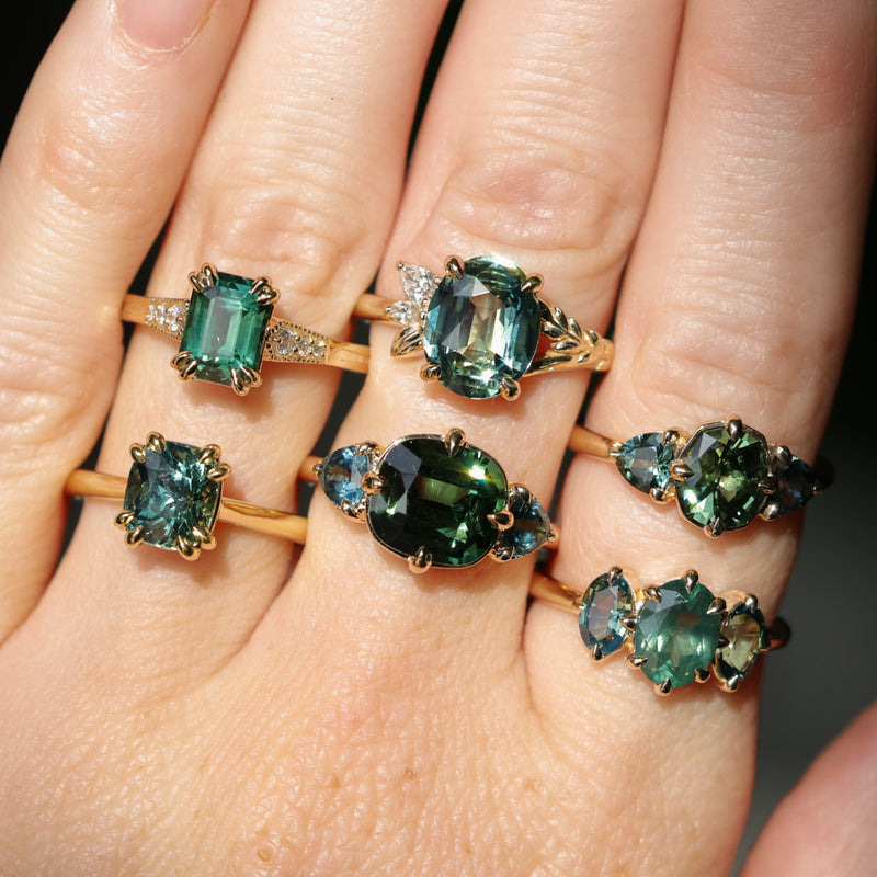 4.08ct Cushion Cut Green Madagascar Sapphire and Trillion Australian Sapphire Antique Compass Set Low Profile Ring in 14k Yellow Gold