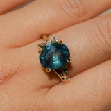 4.42ct Oval Blue Madagascar Sapphire in Wandering Vine Low Profile 4 Prong Setting with Diamonds in 14k Yellow Gold
