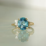 4.42ct Oval Blue Madagascar Sapphire in Wandering Vine Low Profile 4 Prong Setting with Diamonds in 14k Yellow Gold