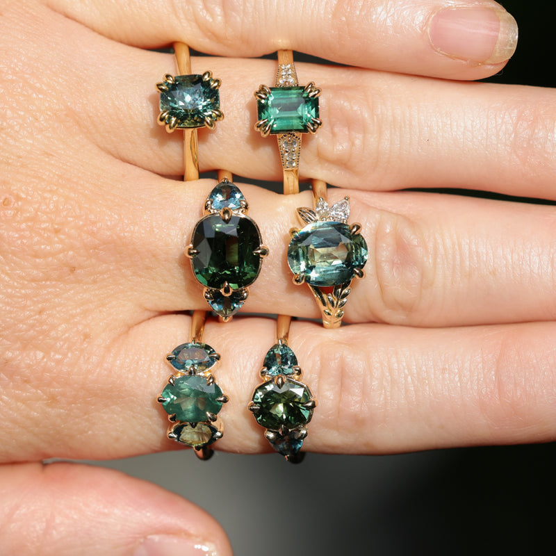 1.44ct Fancy Cushion Cut Australian Sapphire and Trillion Australian Sapphire Compass Set Low Profile Ring in 14k Yellow Gold