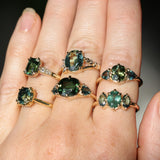 4.08ct Cushion Cut Green Madagascar Sapphire and Trillion Australian Sapphire Antique Compass Set Low Profile Ring in 14k Yellow Gold