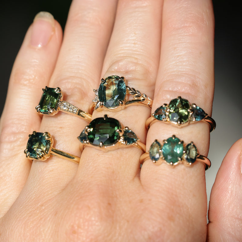 4.08ct Cushion Cut Green Madagascar Sapphire and Trillion Australian Sapphire Antique Compass Set Low Profile Ring in 14k Yellow Gold