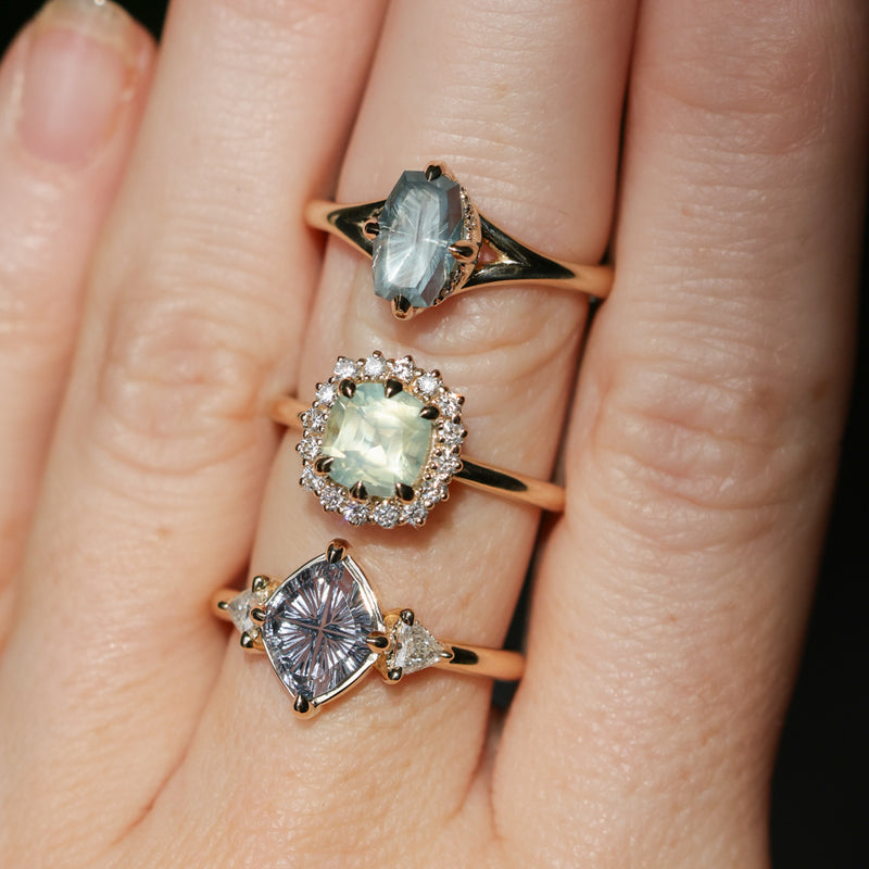 2.18ct"Old Mine Cushion" cut Silky Light Green Montana Sapphire Antique-Style Diamond Halo Ring in 14k Yellow Gold