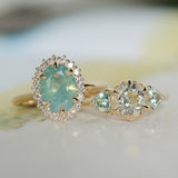 2.05ct Untreated Oval Opalescent Seafoam Green Nigerian Sapphire Antique-Style Diamond Halo Ring in 14k Yellow Gold