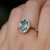 2.05ct Untreated Oval Opalescent Seafoam Green Nigerian Sapphire Antique-Style Diamond Halo Ring in 14k Yellow Gold