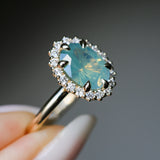 2.05ct Untreated Oval Opalescent Seafoam Green Nigerian Sapphire Antique-Style Diamond Halo Ring in 14k Yellow Gold