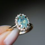 2.05ct Untreated Oval Opalescent Seafoam Green Nigerian Sapphire Antique-Style Diamond Halo Ring in 14k Yellow Gold
