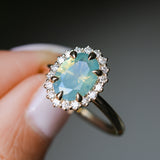 2.05ct Untreated Oval Opalescent Seafoam Green Nigerian Sapphire Antique-Style Diamond Halo Ring in 14k Yellow Gold