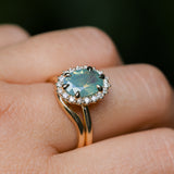 2.05ct Untreated Oval Opalescent Seafoam Green Nigerian Sapphire Antique-Style Diamond Halo Ring in 14k Yellow Gold