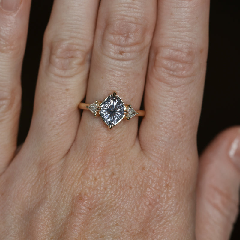 1.93ct Untreated Fantasy Cut Montana Sapphire and Diamond  Antique Milgrain Three Stone Low Profile Ring in 14k Yellow Gold