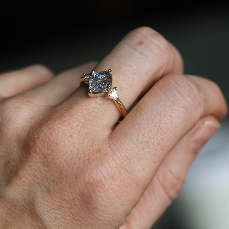 1.93ct Untreated Fantasy Cut Montana Sapphire and Diamond  Antique Milgrain Three Stone Low Profile Ring in 14k Yellow Gold