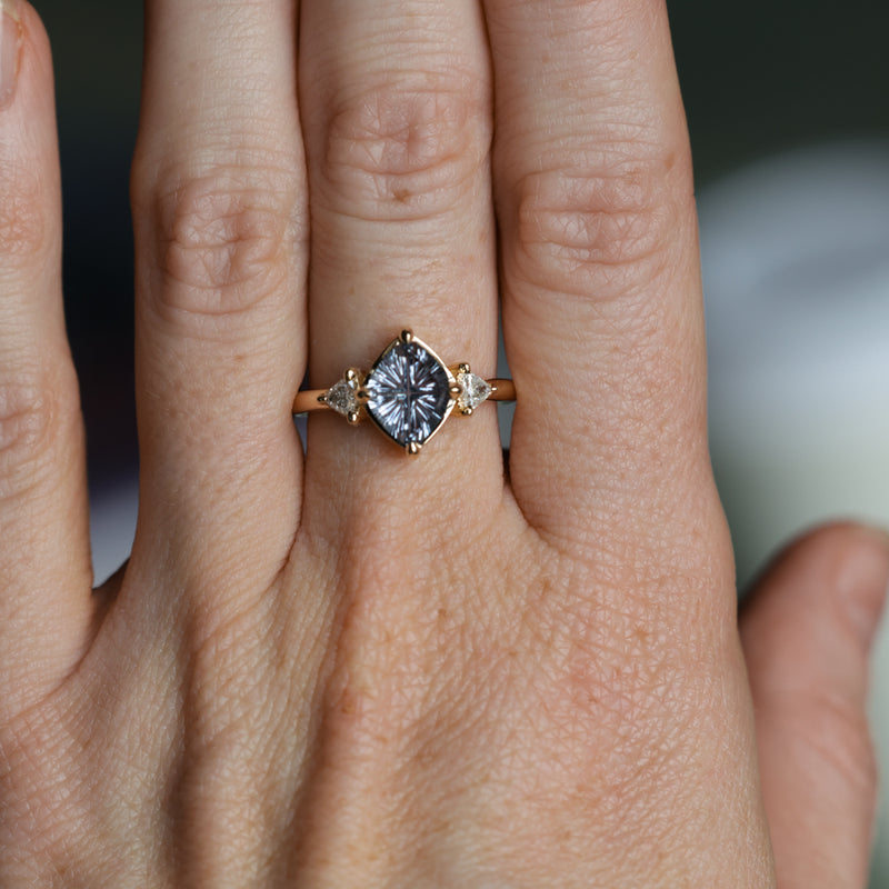 1.93ct Untreated Fantasy Cut Montana Sapphire and Diamond  Antique Milgrain Three Stone Low Profile Ring in 14k Yellow Gold