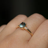 0.90ct Oval Light Blue Green Montana Sapphire and Princess Cut Diamond Rapids Low Profile Ring in 14k Yellow Gold